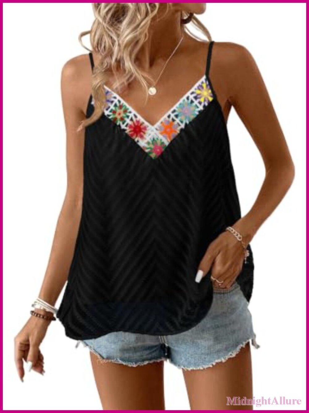 Women's Floral Lace Strap V-Neck Sleeveless Tank Top - Lightweight Summer